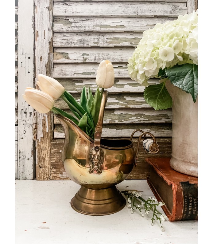 Vintage Brass Coal Scuttle W/Lion's head and Porcelain handle