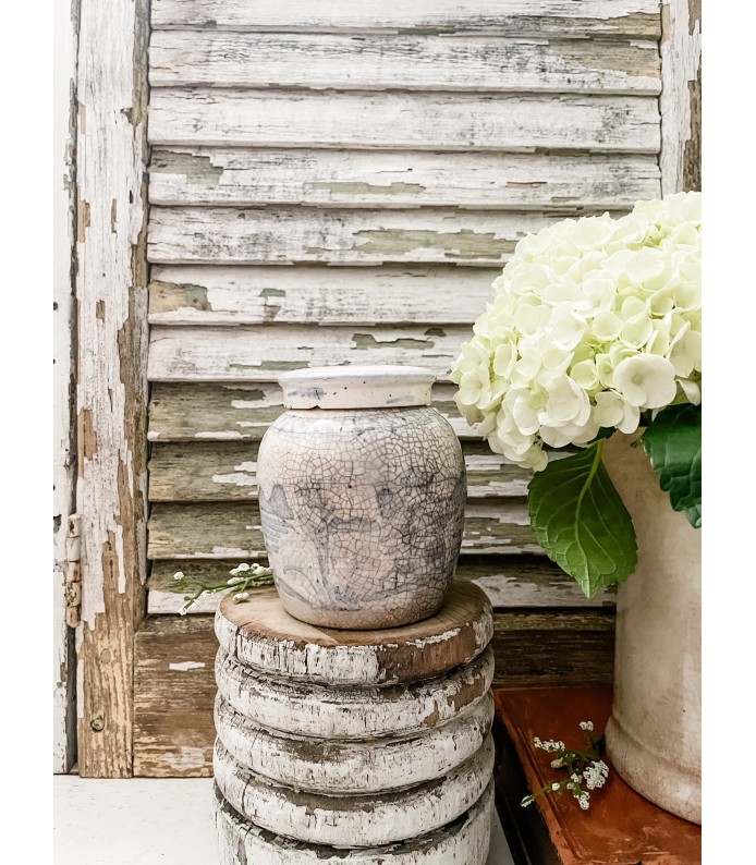 Antique Ironstone Rare lidded Ginger Jar - Beautiful, heavy staining/crazing, Blue/white