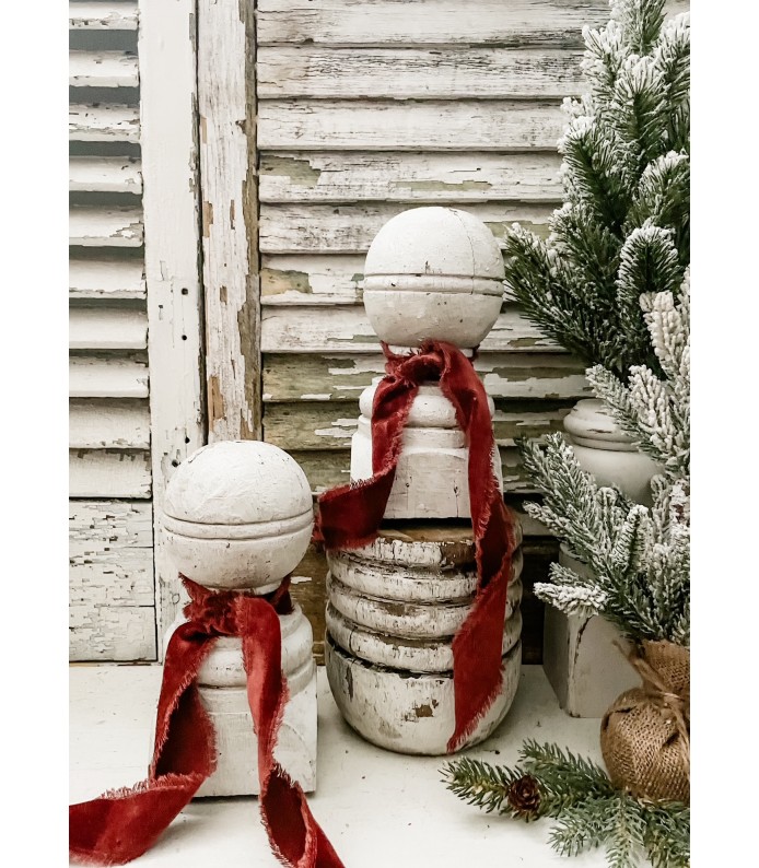 Vintage Architectural Salvage Chippy White Newell Posts w/ Red Velvet Ribbon, SET OF 2 - LTD 