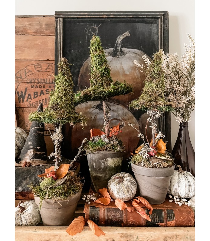 Handmade Witch Hat Topiary w/ Grey aged Terra Cotta Pot, 2 sizes - FALL LTD